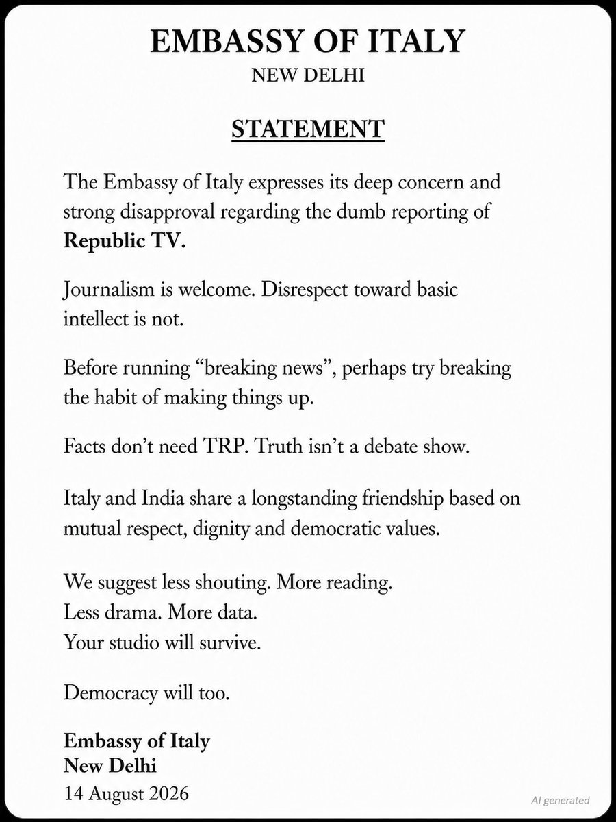 SiniiMayo's tweet photo. Arnab Goswami has a message from Embassy of Italy

@republic https://t.co/icLe3jhoTF