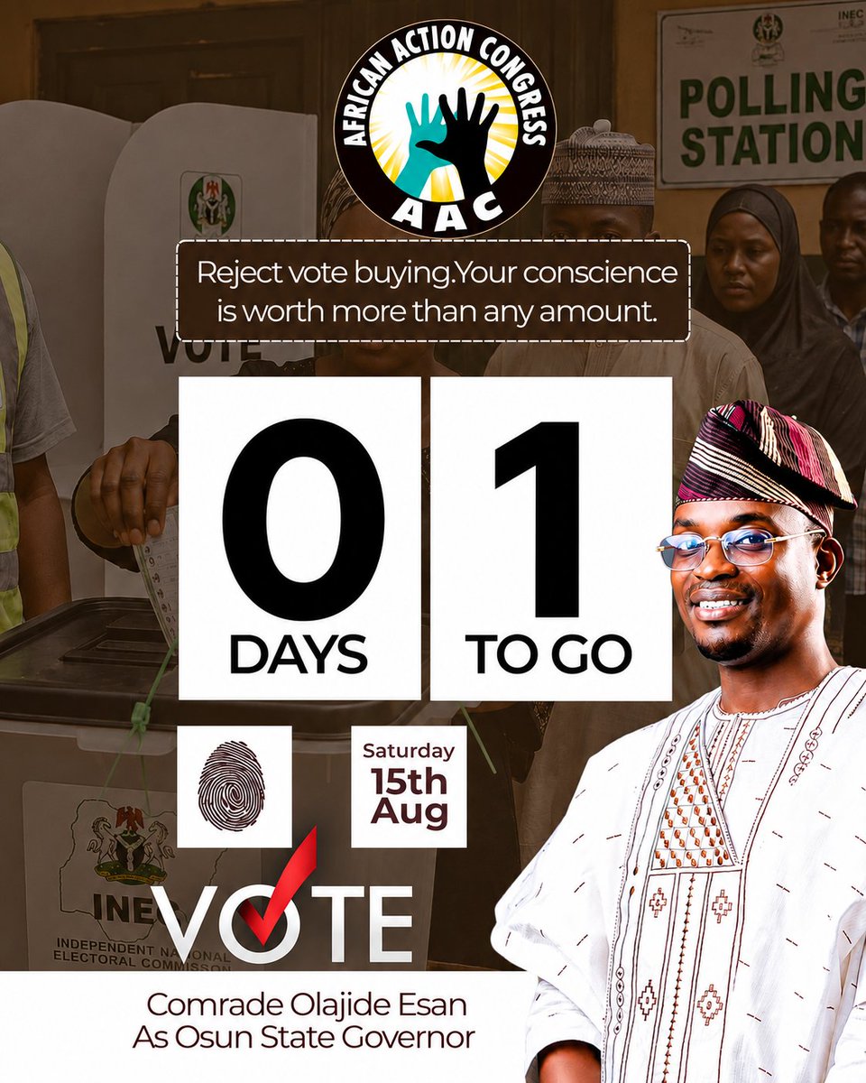 ___OIA's tweet photo. #IrapadaOsun 𝐃𝐄𝐂𝐈𝐃𝐄
Come this Saturday, vote 𝐀𝐀𝐂 @aacparty , Olajide Esan for Governor of Osun State in 2026.
Rigging by the old masafani fools is no excuse not to participate or get involve in your democratic right. B'cos no amount of rigging can outnumber the masses of Osun State if they are truly ready.
To the people of Osun State, this Saturday will determine where you stand: either you remain complicit in the backwardness of Osun State by voting for the old order or not voting at all, or you vote for revolutionary change by voting 𝐀𝐀𝐂 - Comrade Olajide Esan @iamolajide_ as your leader and governor.
No more excuse people, we all now have THE true alternative.
VOTE : ����𝐀𝐂