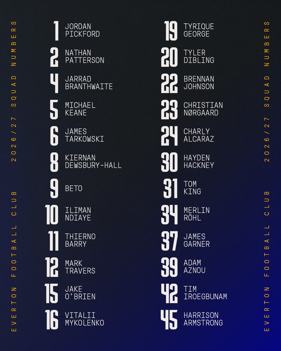 Everton's tweet photo. Squad numbers confirmed. 🔒