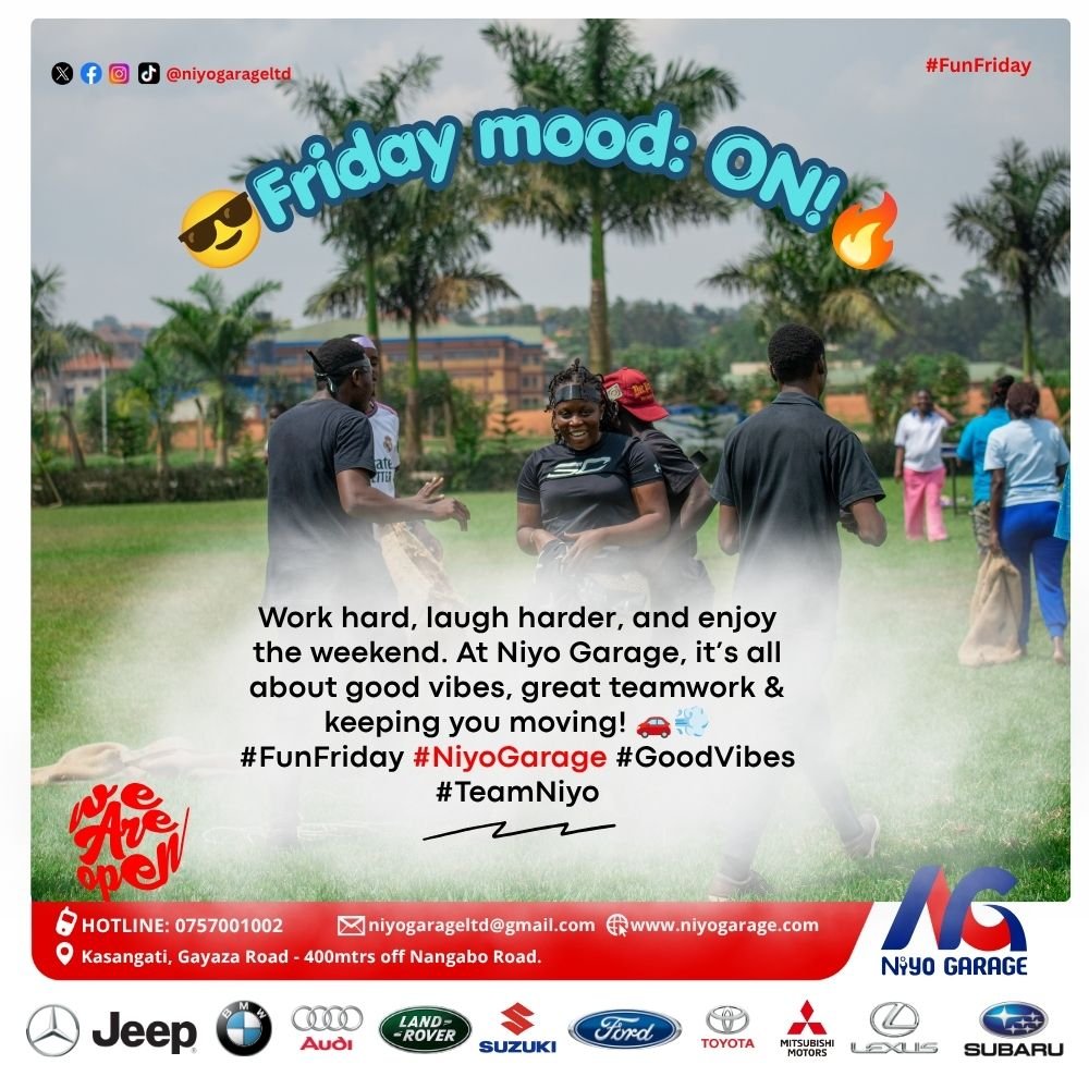 NiyoGarage's tweet photo. Friday is here! 😎🔥 Time to unwind, enjoy the moment and keep those good vibes rolling.
From all of us at Niyo Garage, we wish you a fun-filled Friday and an amazing weekend ahead! 🚗🙌
📍 Kasangati Town, 400m off Nangabo Rd
📞 0757 001 002 | 0776 202 785
#FunFriday #NiyoGarage https://t.co/FSWmzUCMQR