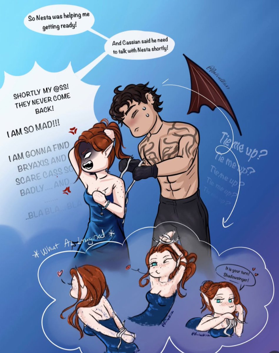 elrielsshadow's tweet photo. Gymriels creating art of Gwyn with “Tie me up” , baring her neck and Azriel having dirty thoughts? It‘s desperately giving Elriel bonus 💀 “Put it on me?” , Az‘s dirty thoughts? Elain‘s bare neck? Yeah, you guys better stop with the whole he only lusts bullshit from now on 😉 https://t.co/uUtspD9ii5