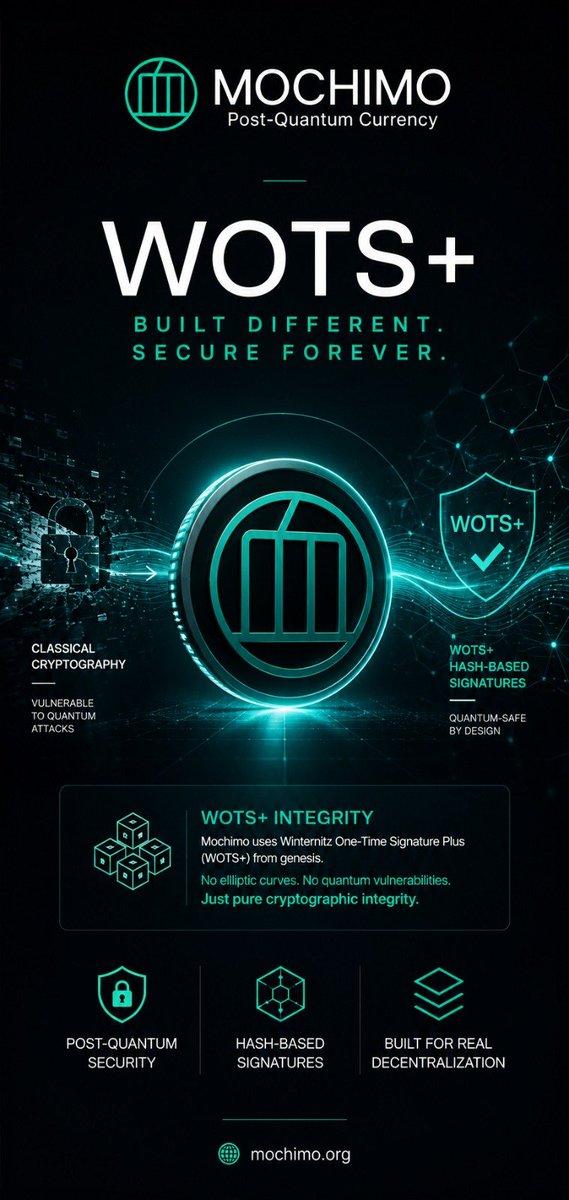 ronnyfahrudin's tweet photo. Most blockchains are ticking time bombs when it comes to quantum computing. While classical cryptography relies on vulnerable elliptic curves, Mochimo @mochimocrypto is engineered from genesis to withstand the quantum era. 

​Why WOTS+ Matters:
​💎 Hash-Based Signatures: Powered by Winternitz One-Time Signature Plus (WOTS+).

​🚫 No Elliptic Curves: Completely eliminates classic quantum attack vectors.

​🛡️ Quantum-Safe by Design: Pure cryptographic integrity built into every transaction.

​🌐 Built for Real Decentralization: True security without compromising core blockchain principles.

​Don't wait for quantum computers to break legacy security. Protect your assets with a blockchain designed for the future today. 🚀✨

​📍 Learn more: https://t.co/9w3bUfbtW0
​#Mochimo #PostQuantum #PQC #QuantumSafe #Cryptography #WOTS #CryptoSecurity #BlockchainTechnology #Web3 #Decentralized #CryptoCommunity