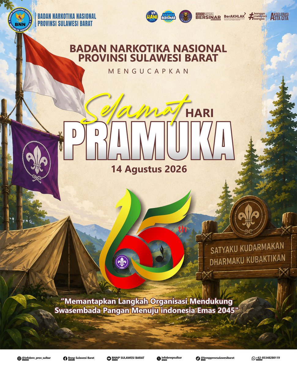 infobnnpsulbar's tweet photo. BNNP Sulbar mengucapkan Selamat Hari Pramuka 
14 Agustus 2026
"Memantapkan Langkah Organisasi Mendukung Swasembada Pangan Menuju Indonesia Emas 2045"

#haripramuka 
#17agustus2026 
#kemerdekaanindonesia 
#Zonaintegritasmenujuwbbk 
#anandabersinar https://t.co/IYXtn2MxO2