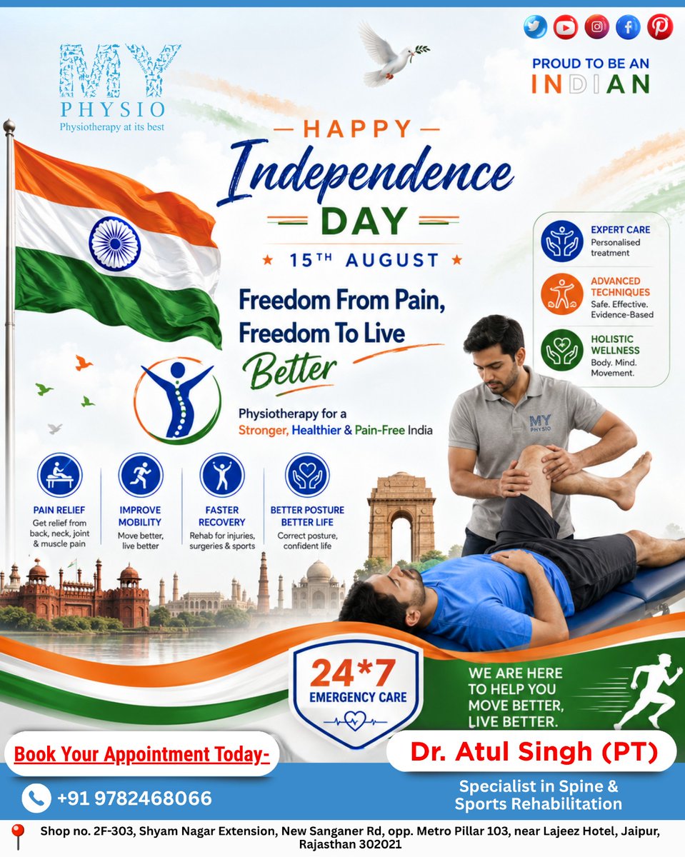 MyPhysioIndia's tweet photo. 🇮🇳 Freedom from Pain. Freedom to Live Better. 🇮🇳

This Independence Day, let’s celebrate a healthier, stronger &amp; pain-free India! 💪✨

From better mobility to faster recovery, physiotherapy helps you move better and live better. 🏃‍♂️❤️

🇮🇳 Happy Independence Day! https://t.co/sPTdrBVRzB