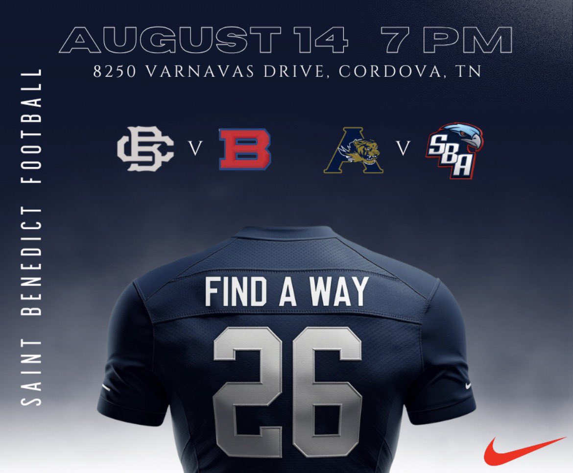 MitchMmcdaniel's tweet photo. Tonight is the night! Come out and support these great schools. Gates open at 5:30! @johnvarlas @memphispreps @sportszonetv1 @rvillac @SBAEaglesFB @SBAStBenedict @KevinCobbs @coachsauce__ @MemphisFB @CBHS_Football @Bartlett_FB @tigersarlington @RhodesFootball https://t.co/uHHBVXAG3S