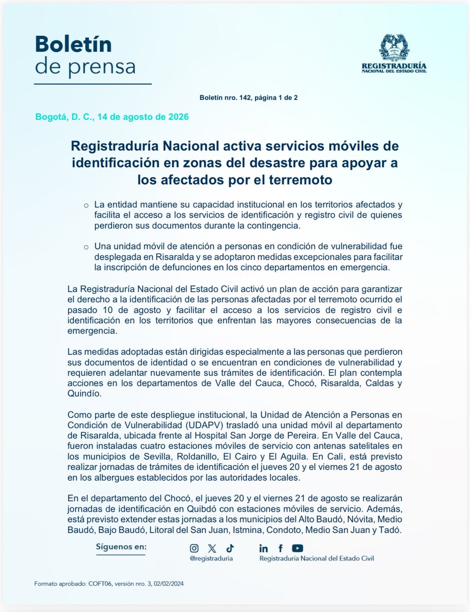 ricarospina's tweet photo. La @Registraduria activa puestos móviles de identificación en las zonas devastadas por el terremoto del lunes. Vía @BluRadioCo https://t.co/ST6iIywUl3