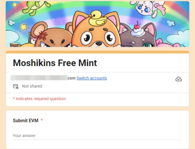 Shrmurda's tweet photo. Fill this out asap!!

Giving away Moshikins free mint spot

Thanks for the collab @Moshikins_eth 

https://t.co/2CpPRfDzmu

The first 10 get a GTD spot. {might increase to 50 according to the entries we have}

Good luck!! https://t.co/DKL7SSbNzN