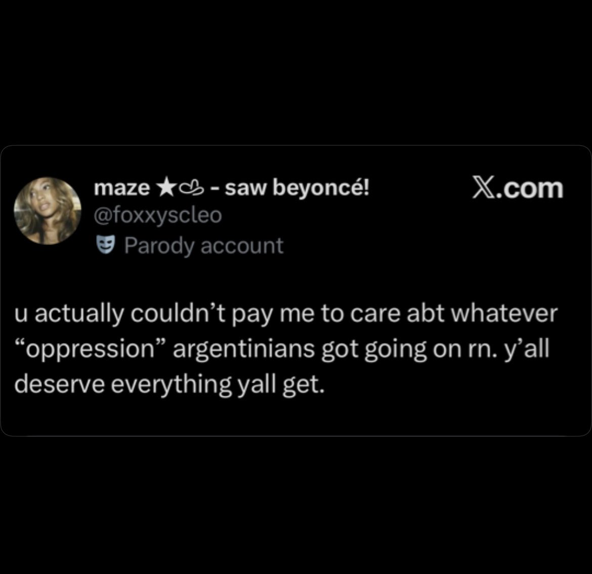 safictem's tweet photo. Argentinians (including indigenous who are suffering and being displaced which is the conversation) “are not victims enough” and people suffering a genocide in gaza are “not victims enough” for people in USA

This is such a colonialist point https://t.co/TV3SQ9Hbzn