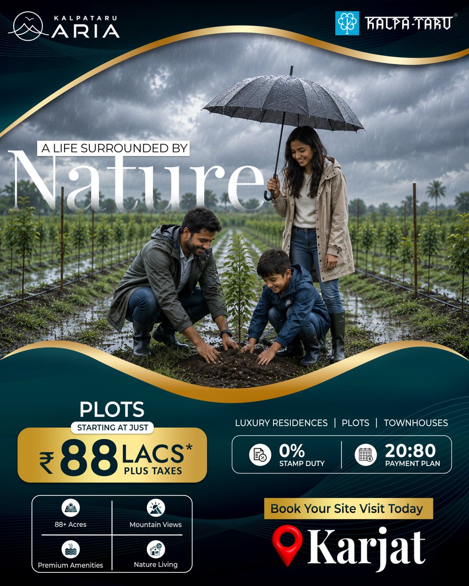PropEarth_LLP's tweet photo. ✨ Nature Meets Luxury in Karjat! 

🌿 Discover premium plots from ₹88 Lakhs* with mountain views, 88+ acres of nature, luxury amenities &amp; a 20:80 payment plan. 🏡
.
.
.
#Karjat #RealEstateIndia #PlotInvestment #PropertyInvestment #LuxuryLiving #SecondHome #Realtor #Realty https://t.co/DwIiujZP93