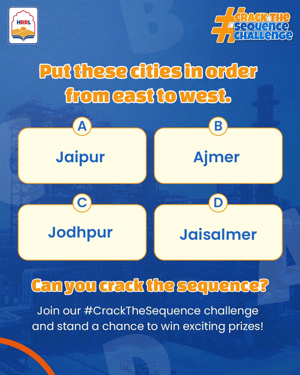 HRRL_Rajasthan's tweet photo. How well do you know the map of Rajasthan?  
Take up the #CrackTheSequence challenge!
 Drop the sequence of the cities from east to west in the comments and stand a chance to win exciting prizes! https://t.co/QDWQAGv4nr