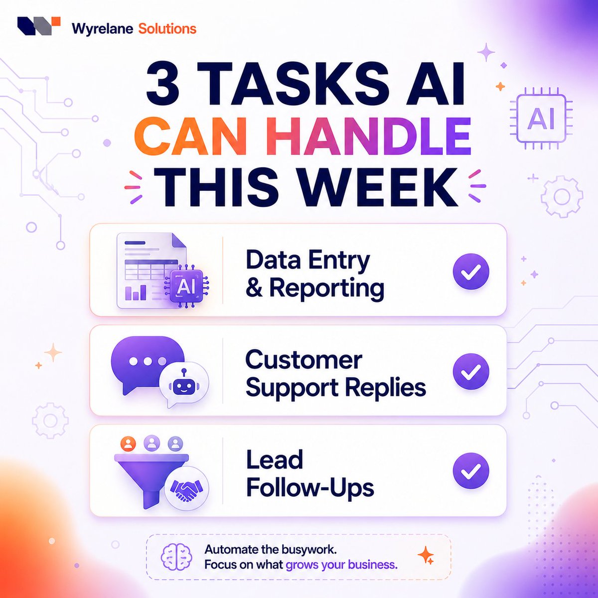 wyrelanesol's tweet photo. 3 tasks your team is probably doing manually that AI could handle this week:

Data entry &amp; reporting
Repetitive customer support replies
Lead follow-ups

Small automations. Big time savings.

#AIAutomation #AI #Productivity https://t.co/aSgUjQcO80