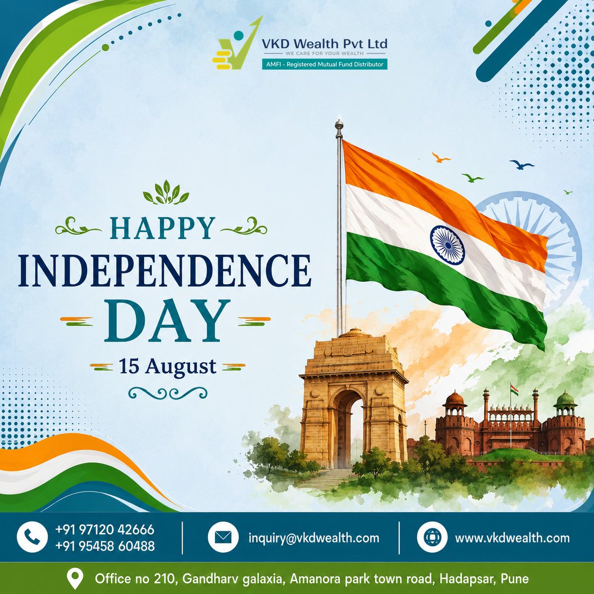VkdWealth's tweet photo. This Independence Day, celebrate financial freedom by investing today for a more secure tomorrow.

Team Vkd Wealth wishing you all a Happy Independence Day !!!

#IndependenceDay #AzaadiToInvest #FinancialAzaadi #FreedomToGrow #FreedomToInvest #MutualFunds #Insurance #VkdWealth https://t.co/vSGcj5pzD9