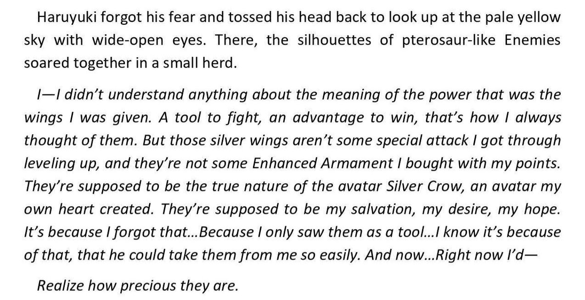 DualBladesSkill's tweet photo. Silver Crow's wings being so valuable to Haru here is such a beautiful description from Reki ngl 🥹🙏 https://t.co/pF4cHZDEAm