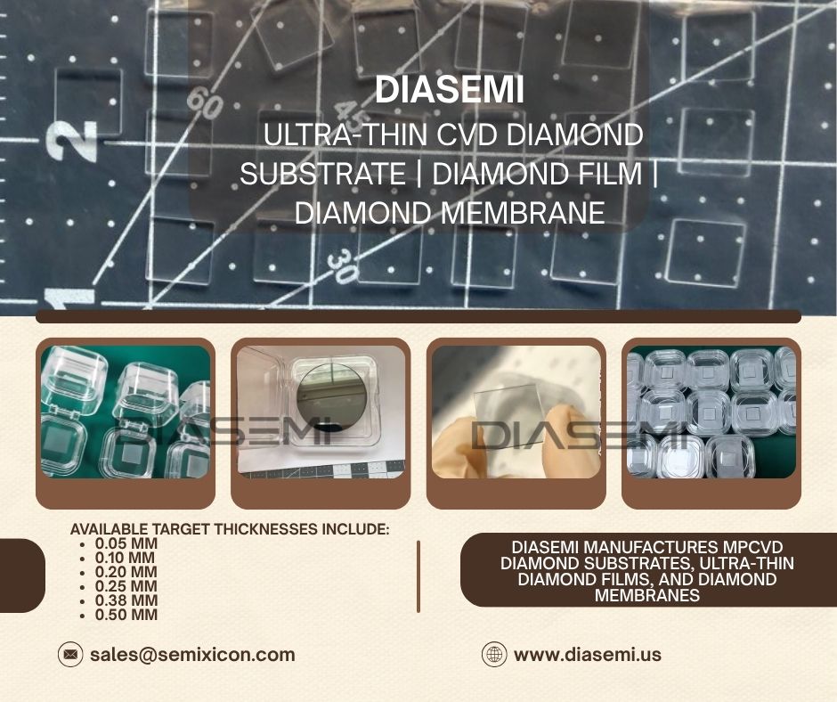Maryli8868's tweet photo. DIASEMI Diamond Substrate&Diamond Film
https://t.co/X9js8fd3pU
Thickness:.05/0.10/0.20/0.25/0.38 /0.50 mm#GaNonDiamond #GaN #RFPower #PowerElectronics #AdvancedPackaging #Photonics #Optomechanics #XRayWindow #RadiationDetector #MEMS #QuantumPhotonics #SemiconductorMaterials https://t.co/32twnKnOr4