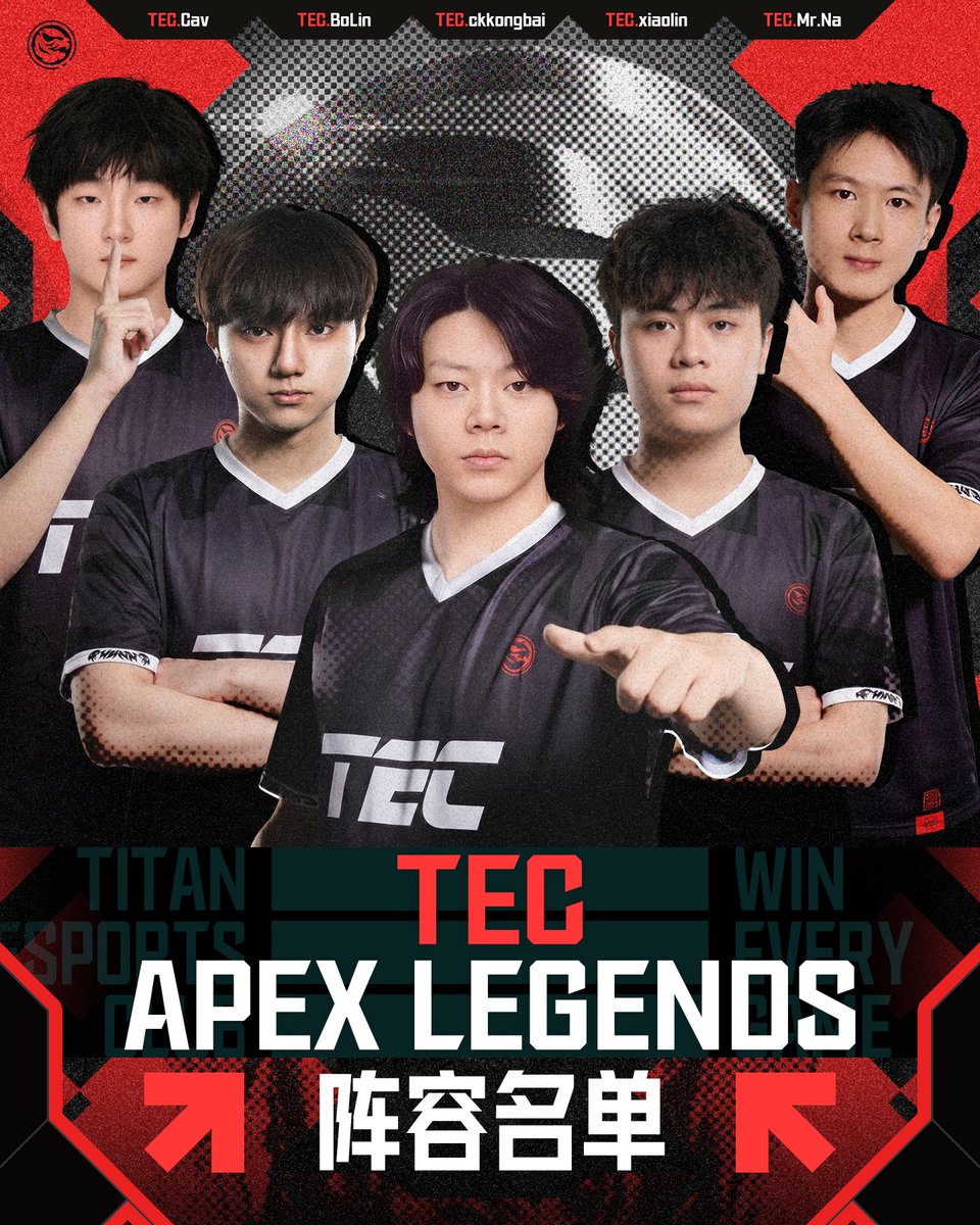 TMGTitanTEC's tweet photo. 【TEC APEX Legends Roster】
 
Coaching &amp; Operations Staff:
TEC.Cav
TEC. Mr. Na
 
Player Roster:
TEC.ckkongbai
TEC.Bolin
TEC.xiaolin
 
Setting our sights on ALGS Pro League APAC‑S Split 2! https://t.co/xidNvPIIxY