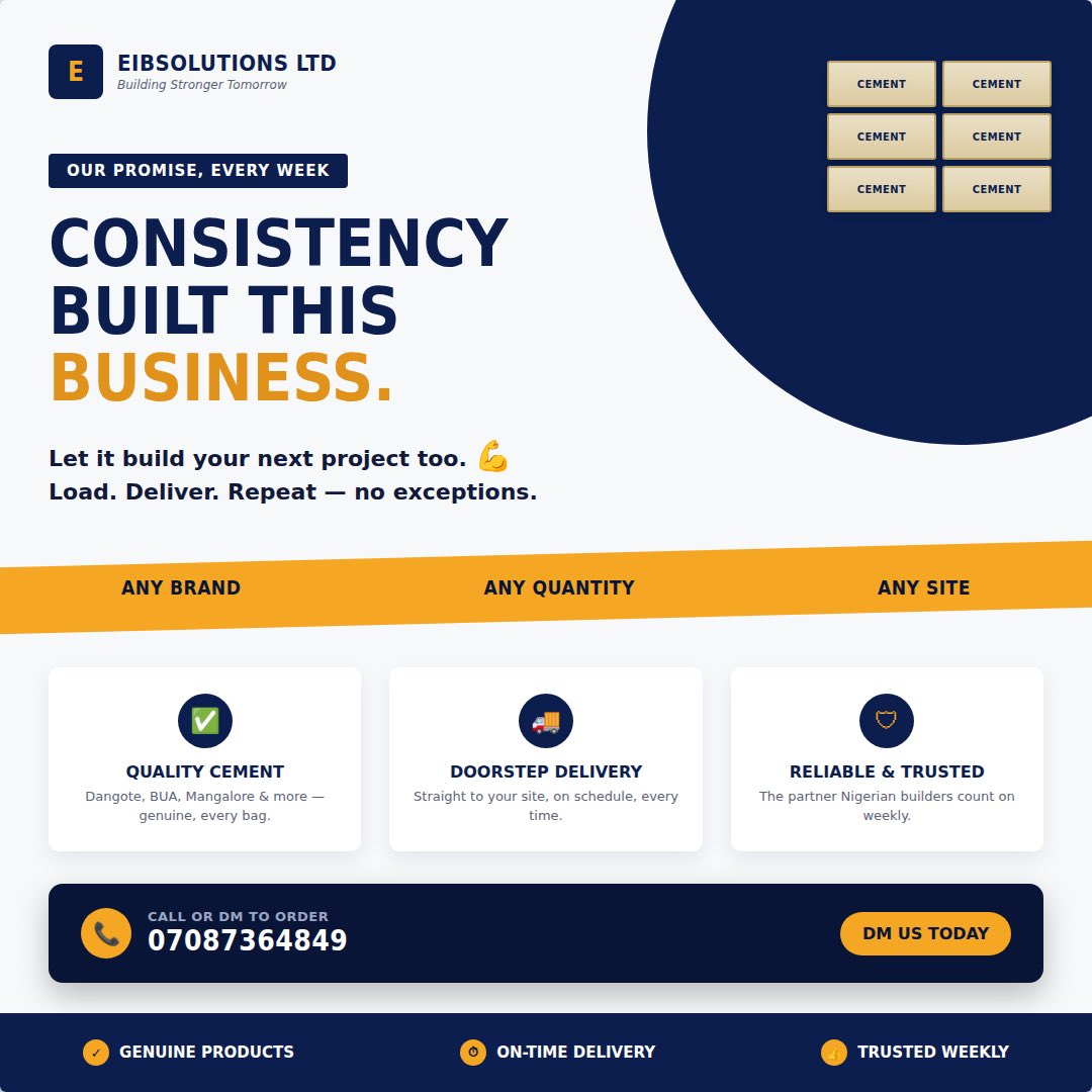EibsolutionsLTD's tweet photo. What’s the one thing your projects can’t run without? For us, it’s cement that shows up on time. 🚛
EIBSOLUTIONS Ltd — any quantity, any site.
📞 07087364849 | DM to order https://t.co/MyO9fd2JlM
