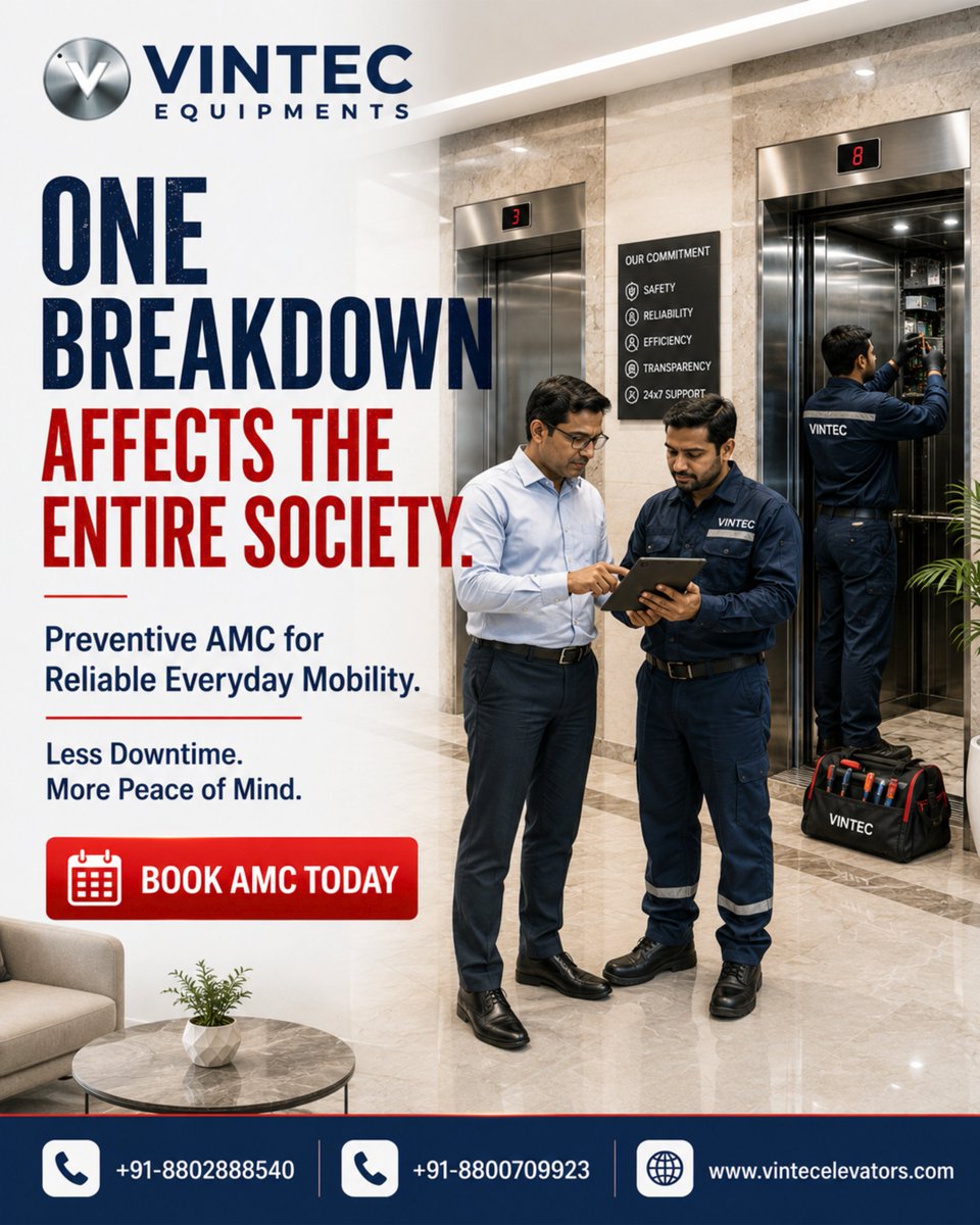 VintecElevator's tweet photo. One breakdown can disrupt an entire society.

📞 Book your AMC today:
+91-8802888540 | +91-8800709923

#vintecelevators #elevatorAMC #liftAMC #preventivemaintenance #elevatormaintenance #liftmaintenance #elevatorservice #elevatorrepair #elevatorsafety #housingsociety #RWA https://t.co/07hUBARIIW