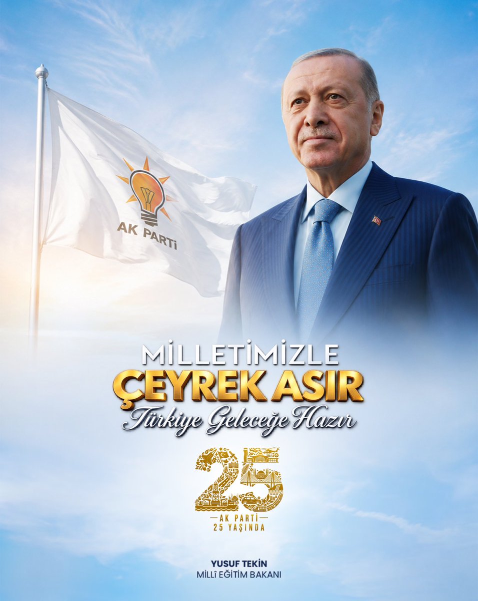 Yusuf__Tekin's tweet photo. Milletimize hizmet yolunda çeyrek asrı geride bırakan AK Parti’mizin kuruluşunun 25. yılı kutlu olsun. 🇹🇷

Toplumun tamamını kucaklayan, ülkemizde ve bölgemizde ürettiği çözüm odaklı politikalarda insanı merkeze alan, farklılıklarımızı zenginliğimiz olarak gören AK Parti, 25 yıl önce bugün kuruldu.

Cumhurbaşkanımız ve Genel Başkanımız Sayın Recep Tayyip Erdoğan’ın liderliğinde, başta eğitim olmak üzere adalet ve kalkınmada öncü bir Türkiye için ilk günkü aşk ve heyecanla bu büyük millete hizmet etmeye kararlılıkla devam edeceğiz. 

Milletimizle Çeyrek Asır, Türkiye Geleceğe Hazır 🇹🇷
