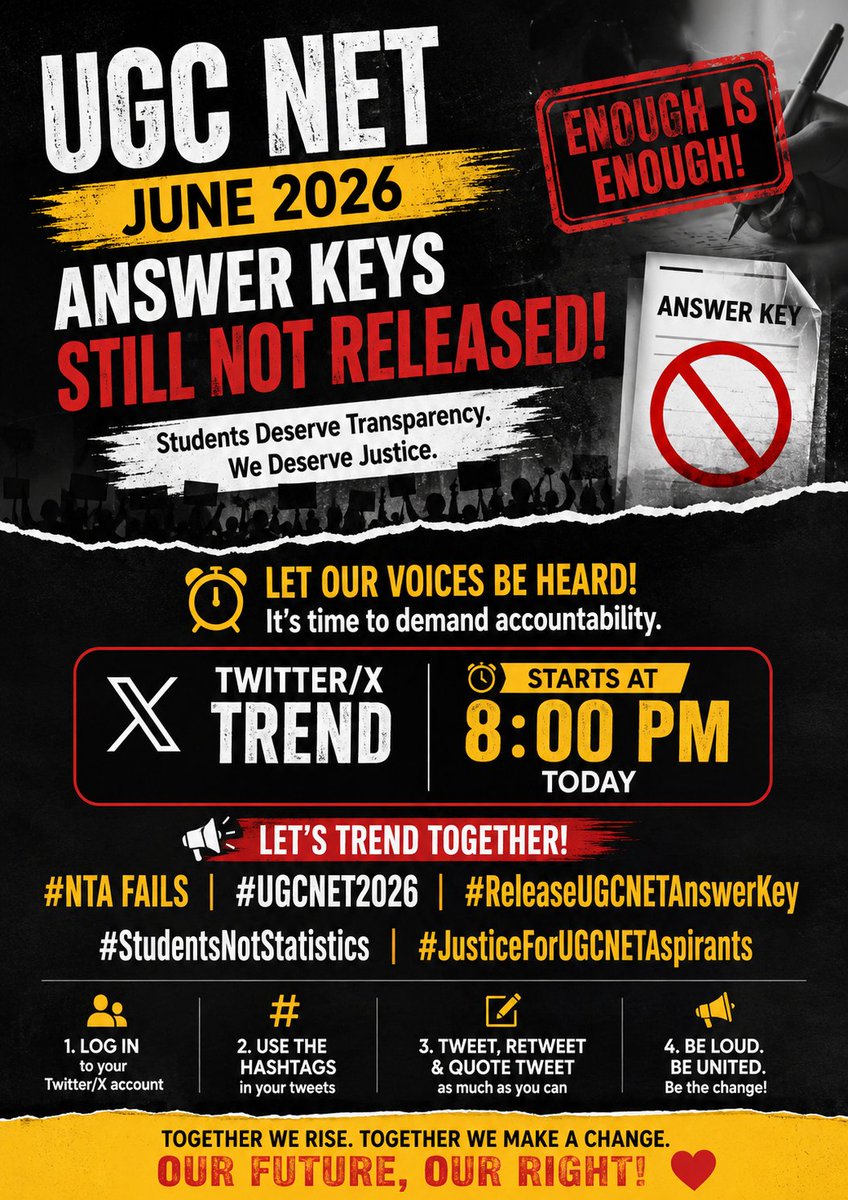 shankar61224159's tweet photo. 🚨 UGC NET JUNE 2026 🚨

Answer Key अभी तक जारी नहीं हुई!

⏰ Trend starts at 8 PM TODAY

Join &amp; raise your voice! ✊

🔥 #NTAFAILS
#UGCNET2026 #ReleaseUGCNETAnswerKey
#ugc #students #results #Aspirants https://t.co/0MYRNvX8Kh
