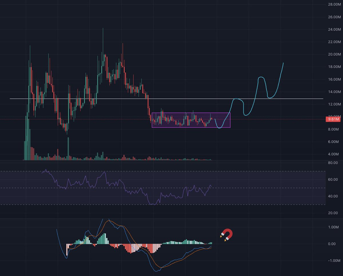 FvctCrvpto's tweet photo. Conservative take - $TOAD currently ranging between 8M-10M, volume remains consistent meaning there's accumulation happening. 

A clean break / SR flip of 13M will lead to a new ATH.

Buyers are waiting for a catalyst / impulse move (whichever comes first). https://t.co/EiDgzdphW2