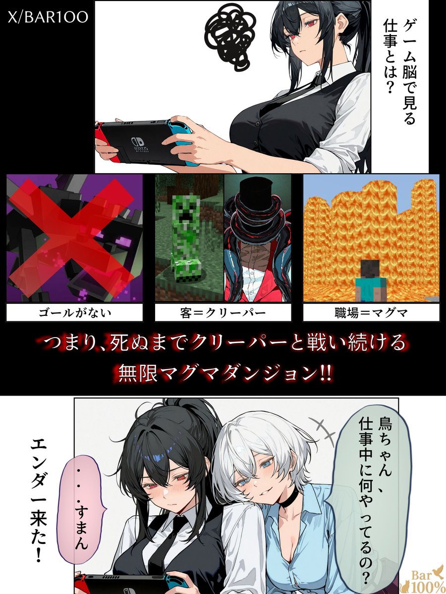bar1oo's tweet photo. EP07「 ゲーム脳」
ことりに見つかっちゃった
あなたにとっての「職場=マグマ」ある?
リプで教えて👀
#創作百合 #バー100 #BAR100 #漫画が読めるハッシュタグ #AI漫画 #Minecraft https://t.co/pE4etuQ5ul