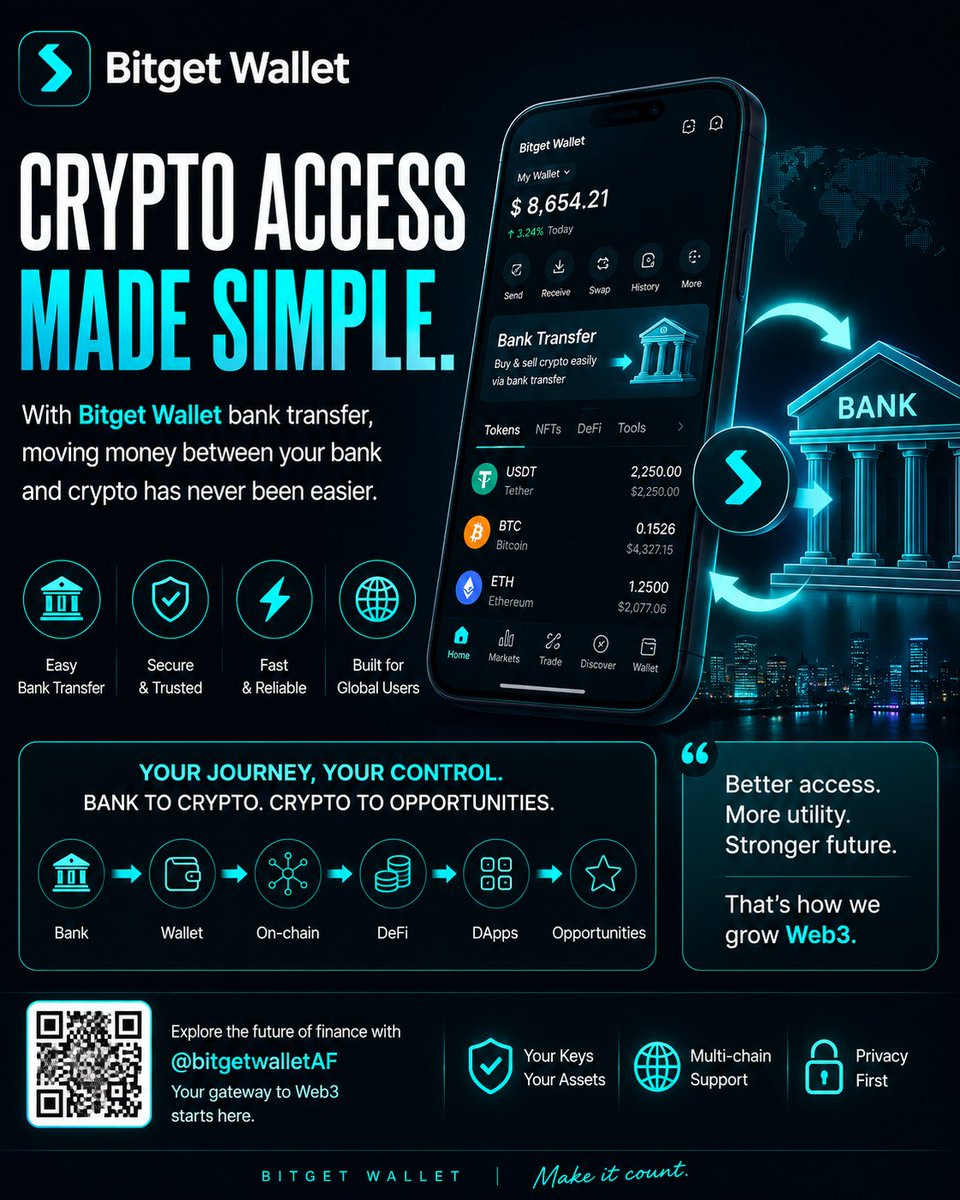 MUJEEBMETA's tweet photo. Day 3 Of the superfan challenge 

🚀 Breaking Down Crypto’s Next Wave: Why Bitget Wallet Matters

💸 Sending money shouldn’t feel complicated.

With Bitget Wallet, the ability to use bank transfer makes moving between traditional finance and crypto much more convenient.

Here’s why I’m paying attention to it 👇

🌍 Crypto needs easier on-ramps.

For many people, the biggest barrier isn’t understanding crypto.

It’s simply:

“How do I get money into my wallet without jumping through 10 different steps?”

A smoother bank-transfer experience can help reduce that friction.

⚡ Less friction = better adoption.

The easier it becomes for everyday users to move funds into the crypto ecosystem, the easier it becomes for more people to explore:

• DeFi
• Stablecoins
• DApps
• On-chain opportunities
• Web3 communities

🔐 But convenience isn’t everything.

A wallet also needs to give users control and access to the broader Web3 ecosystem.

That’s where Bitget Wallet becomes interesting.

It’s not just about moving money.

It’s about what you can do once you're on-chain.

🧠 Think about the journey:

Bank → Wallet → On-chain → DeFi → DApps → Opportunities

The fewer unnecessary obstacles between these steps, the better the experience for new and existing crypto users.

🇳🇬 And for African users especially, better access to practical crypto payment and funding options can make a huge difference.

Crypto adoption isn’t only about speculation.

It’s also about access, utility and easier financial infrastructure.

If you’re already using Bitget Wallet, what has been your experience?

👇

What feature do you think matters most for bringing the next million users into Web3?

Check out @bitgetwalletAF and explore what Bitget Wallet is building. 🔥

#BitgetWallet #Web3 #Crypto #DeFi