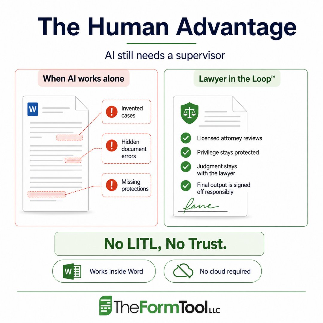 TheFormTool's tweet photo. AI can assist legal work.
It should not be left to supervise itself.

Legal documents need more than fluent language. They need judgment, confidentiality, accountability, and professional review.

Every client deserves a Lawyer in the Loop™.

https://t.co/Q4BE3GSDd0

#LegalTech #LegalAI