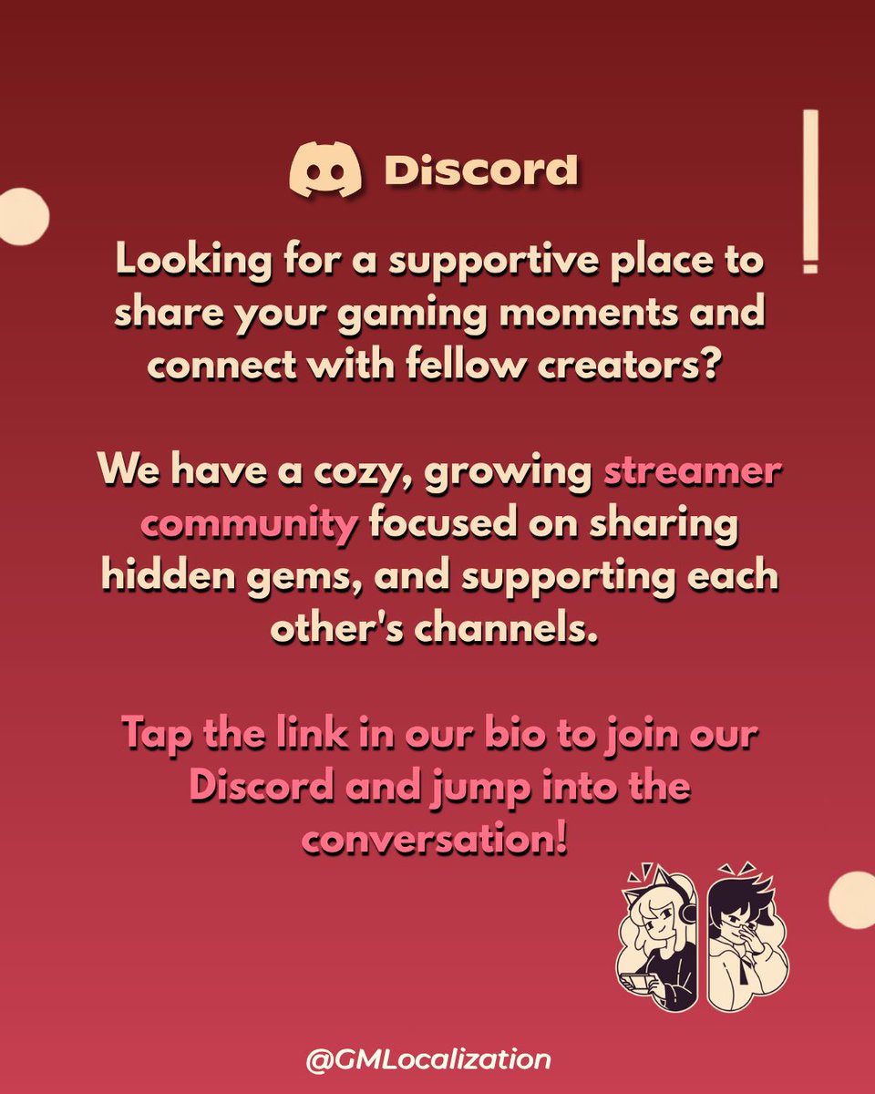 GMLocalization's tweet photo. Any creators looking for their next favorite indie game to stream? 🎮

We’re building a cozy Discord space to connect, share highlights, and support each other's channels!

Link in bio to jump in 🔗👇

#TwitchStreamers #ContentCreators #IndieGames #Duskfade https://t.co/XlXPpoxrRo