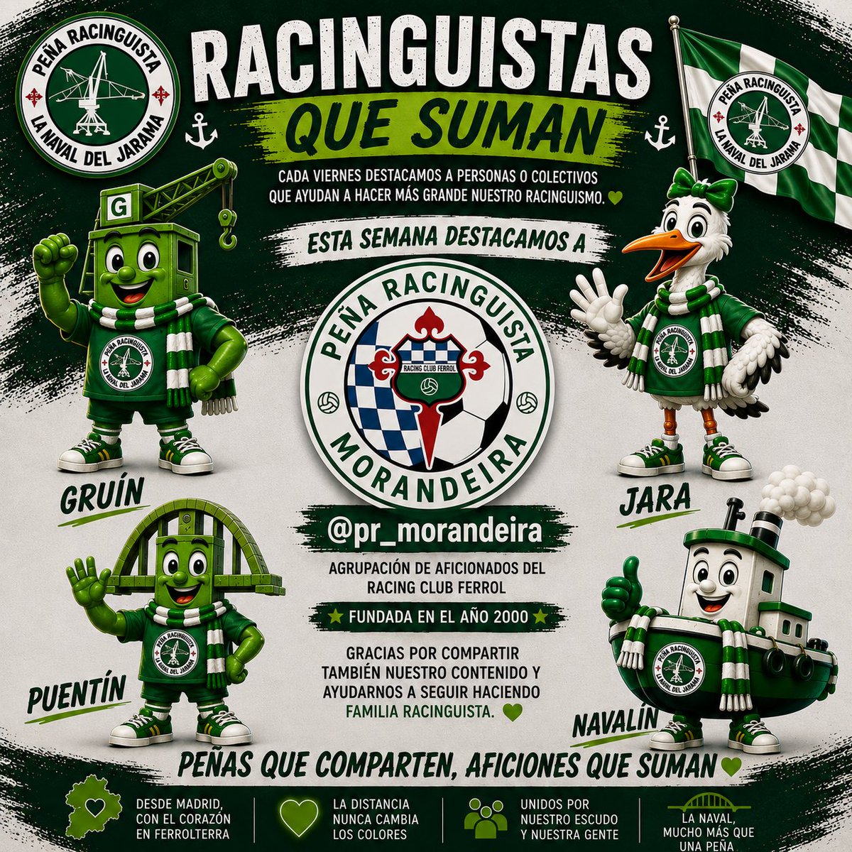 navaldeljarama's tweet photo. 💚 RACINGUISTAS QUE SUMAN
Hoy queremos reconocer a @pr_morandeira, una peña con la que compartimos algo más que colores: las ganas de mantener viva y compartir nuestra pasión por el Racing.
Gracias por estar ahí, compartir y sumar. 💚⚓
¡Un abrazo, Morandeira! https://t.co/PcEFy2mmCX