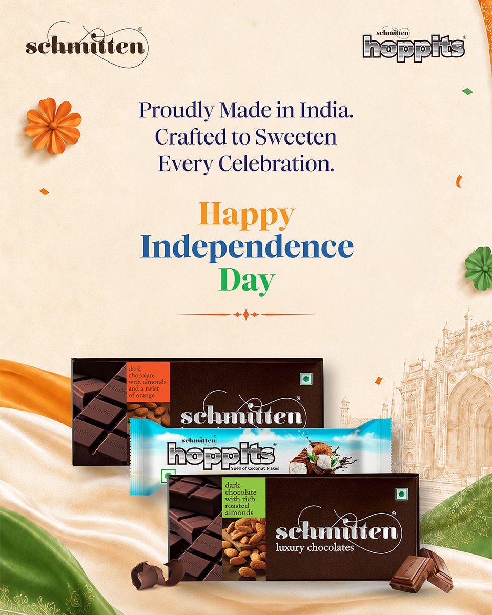 Schmitten_Choco's tweet photo. From the spirit of India, comes the sweetness of every celebration. 

This #IndependenceDay, we celebrate the pride of being made in India, for every moment worth celebrating.
Happy Independence Day!

#SchmittenChocolates #HoppitsChocolate #IndependenceDay2026 #MadeInIndia #India https://t.co/FT6lMIhsuP