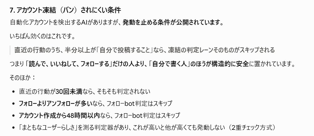 fiction_log's tweet photo. シャドウバン・バンされにくくなる条件が公式から発表された

特に凍結祭りで一斉にバンされる場合は主に自動検知なので、そういうのを逃れる条件

※自動検知も誤バンはあるのでその場合は異議申し立てで復活できる（特に凍結祭りは誤バン→復活多い）

信用スコアというものが存在し、一定ラインを超えると自動検知をほぼ免れる
※スコアが計算できない場合は25000フォロワー以上なら免れる

信用スコアの計算式はリプ欄