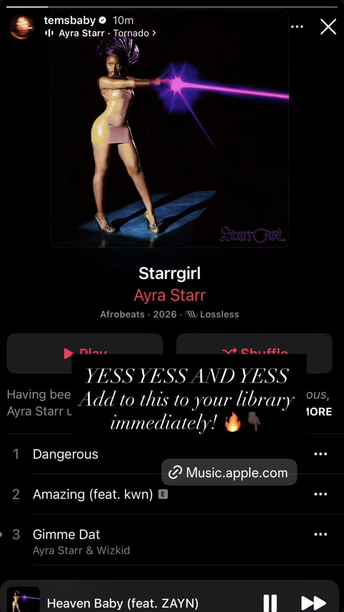 ayrastarrdailyy's tweet photo. Tems showing support to Ayra Starr’s “Starrgirl” via her Instagram Story💜💫 https://t.co/XvoMl9aWvF