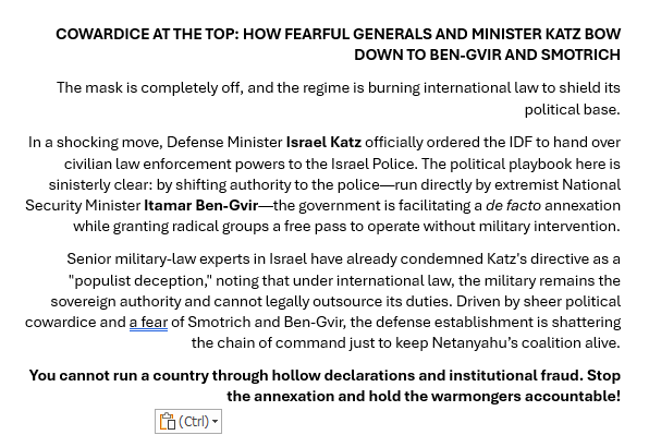Miriambendavid's tweet photo. @MustafaBarghou1 Cowardice at the Top: How Generals Are Afraid and Minister Katz Bows to Terror Supporters Ben Gvir and Smotrich. #IsraelKatz #BenGvir #Smotrich #WestBank #InternationalLaw #FactCheck #BibiExposed #PoliticalFraud #GlobalJustice https://t.co/m47u01fuND