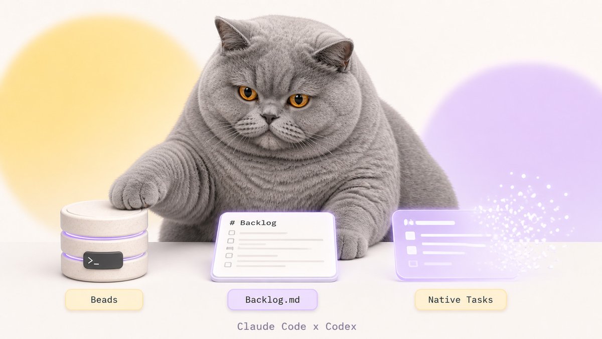 thegraytcat's tweet photo. I tested #Beads and #Backlog.md against #Claude Code's native Tasks. All handled the work equally well. Storage was the difference: Backlog.md keeps Markdown, while Beads uses #Dolt. Claude's native task files disappear when the list closes.  

https://t.co/WVzyyCUKc4 https://t.co/V1DTLg7EBO