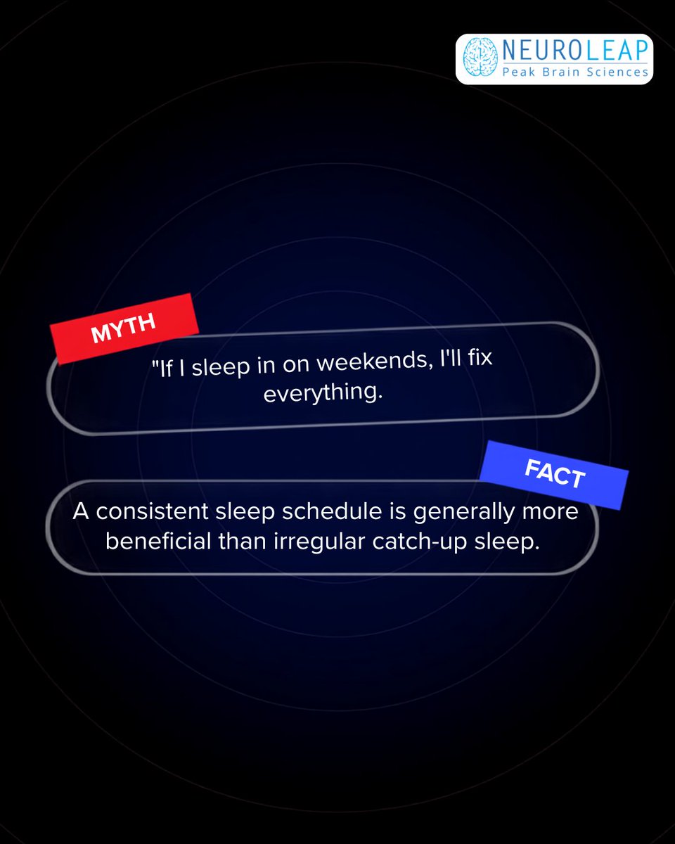 NeuroLeap's tweet photo. You can’t “bank” sleep. 😴 Your brain responds better to consistency than catching up. A regular sleep-wake rhythm supports how well your brain and body function. Better sleep isn’t about catching up. It’s about consistency. #NeuroLeap #SleepScience #BrainHealth https://t.co/Lslsz0gREl
