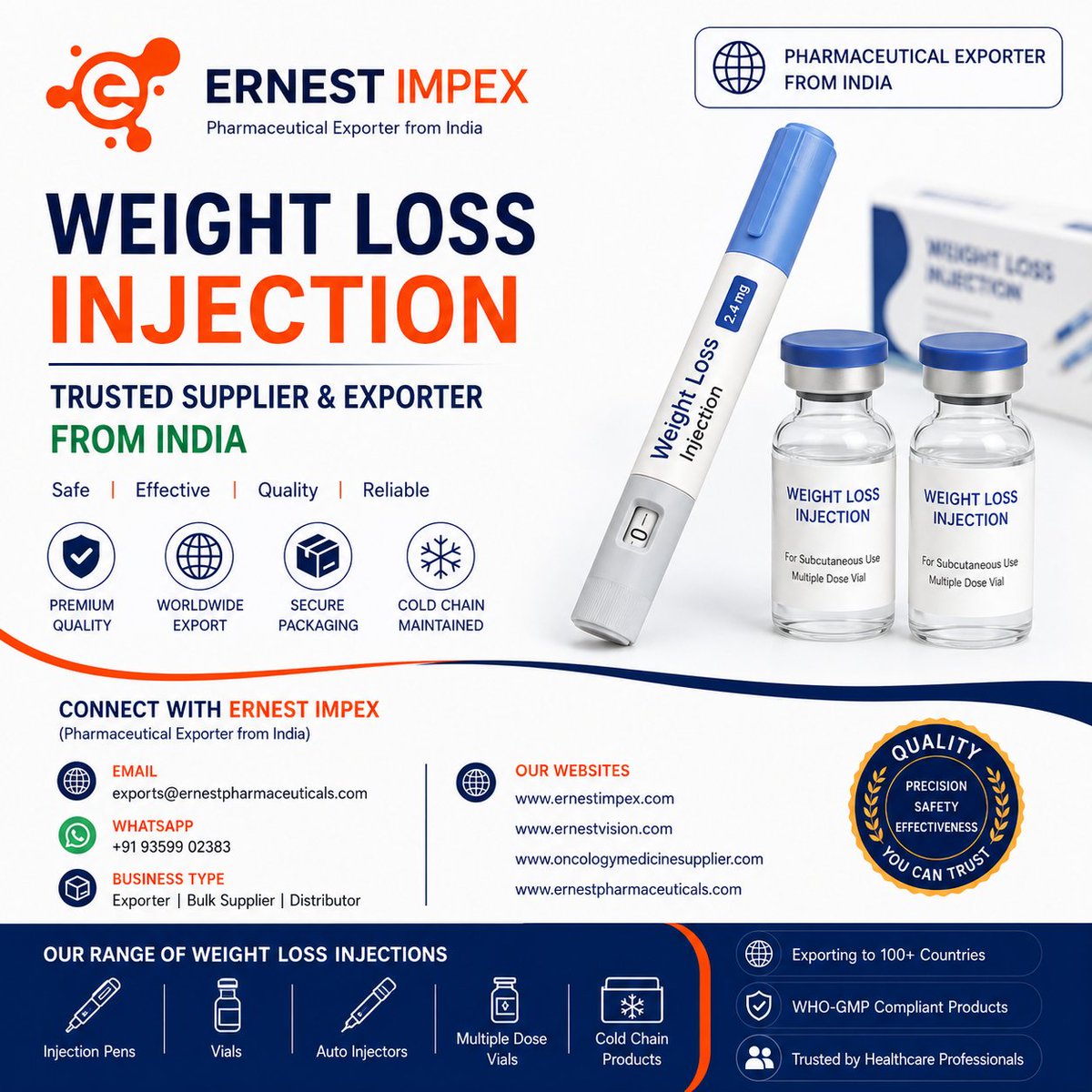 ErnestPharma's tweet photo. 💉 Trusted Weight Loss Injection Exporter from India 🌍Ernest Impex supports global importers, distributors &amp; healthcare buyers with reliable bulk pharmaceutical supply.📦 Bulk Supplier |🌐 Global Pharma Exporter📩 Connect for business inquiries.#WeightLossInjection #PharmaExport https://t.co/UnKgXWfjaf