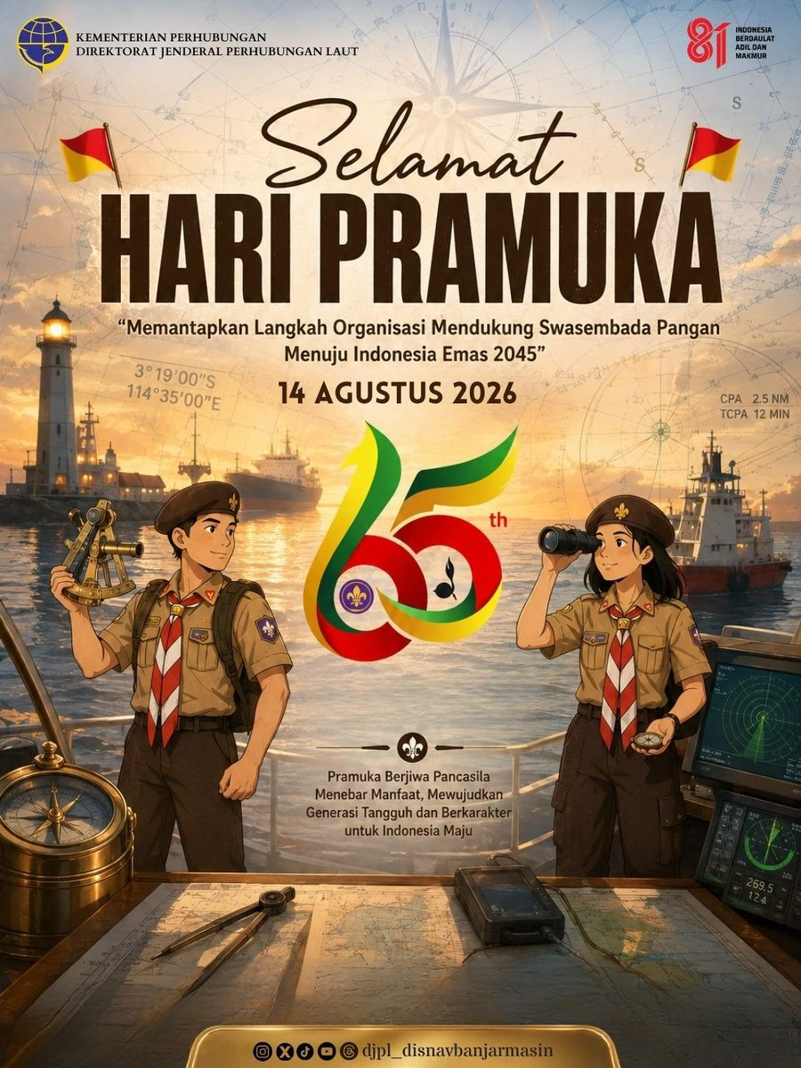 SmrtDisnavbjm's tweet photo. Halo Nanang Galuh, #KakawanNav! 👋⚓
Selamat Hari Pramuka ke-65!🏕️⚜️
Salam Pramuka! 🇮🇩 Terus tumbuhkan semangat gotong royong, kedisiplinan, kemandirian, dan pengabdian untuk negeri.
Dari Pramuka untuk Indonesia, terus bergerak, berkarya,dan mengabdi💙⚓@djplkemenhub151 @max_bhow https://t.co/aMmDozz0F1