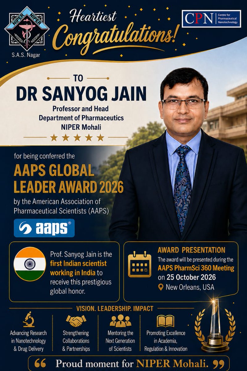 NIPER_SAS_NAGAR's tweet photo. Prof. Sanyog Jain, Head, Dept of Pharmaceutics, @NIPER_SAS_NAGAR, Mohali received #AAPS (American Association of Pharmaceutical Scientists) Global Leader Award 2026.
The award will be presented during the #AAPS PharmSci 360 Meeting on 25.10.2026 at New Orleans, USA. https://t.co/x8YIKmBzCN