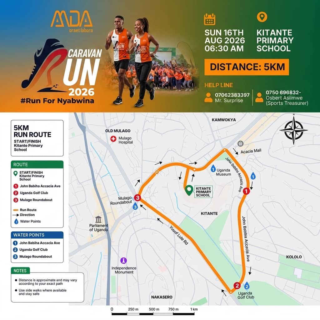 AMDAUganda's tweet photo. The routes are set.

Will you run the 5KM or take on the 10KM?

📍 Kitante Primary School
📅 Sunday, 16 August 2026
⏰ 6:30 a.m.
Study your route, arrive early and stay hydrated. 

Holy Mass will follow the Run.
#AMDACaravanRun2026 #RunForNyabwina https://t.co/hj5gK6bnzl