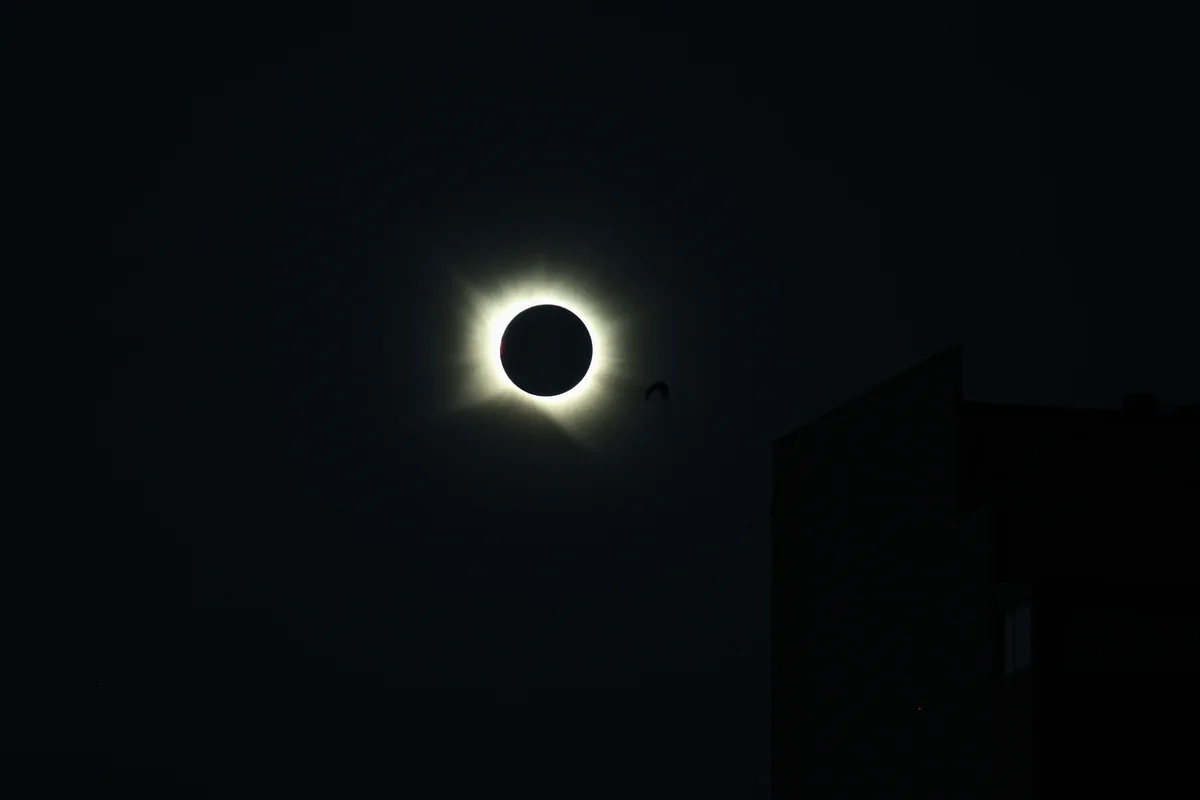 Photo of the solar corona as seen during a total solar eclipse. The background is nearly black, with the outline of a building faintly visible in the right side. In the centre of the image, hanging in the sky, is the Sun, perfectly covered by the Moon (appearing as a black circle). Bright white streaks extend radially from the Sun.
