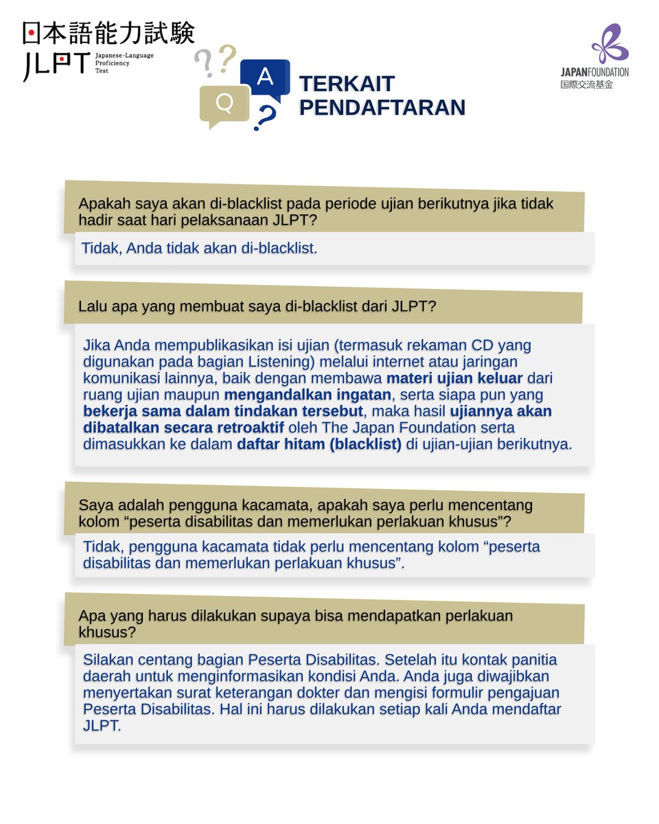 JF_Jakarta's tweet photo. (1/3) Berikut kami informasikan beberapa Pertanyaan yang Sering Diajukan (FAQ) terkait pelaksanaan ujian JLPT 2026.

Kepada seluruh calon peserta, kami mohon untuk membaca informasi berikut dengan saksama sebagai referensi persiapan mengikuti ujian.

#JFJakarta
#JLPTIndonesia
#JLPT2026