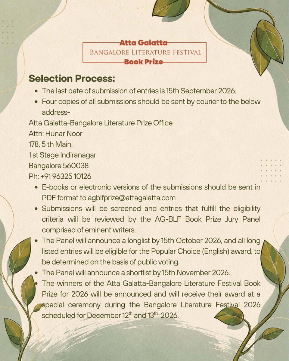 AttaGalatta's tweet photo. A CALL FOR ENTRIES

The Atta Galatta Bangalore Literature Festival Book Prize 2026 is now open!
7 categories | ₹3,50,000 prize purse
Submit by 15 September 2026.

@BlrLitFest https://t.co/d2hZE2S4OL