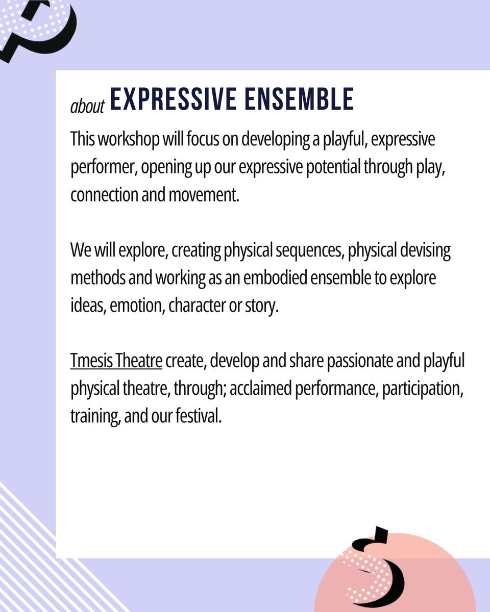 PhysicalFest's tweet photo. WORKSHOP SPOTLIGHT  Explore the power of play, movement and connection with Tmesis Theatre.  

This practical workshop will help you unlock your expressive potential through physical sequences, devising techniques and embodied ensemble work. https://t.co/kauEWG7I9V