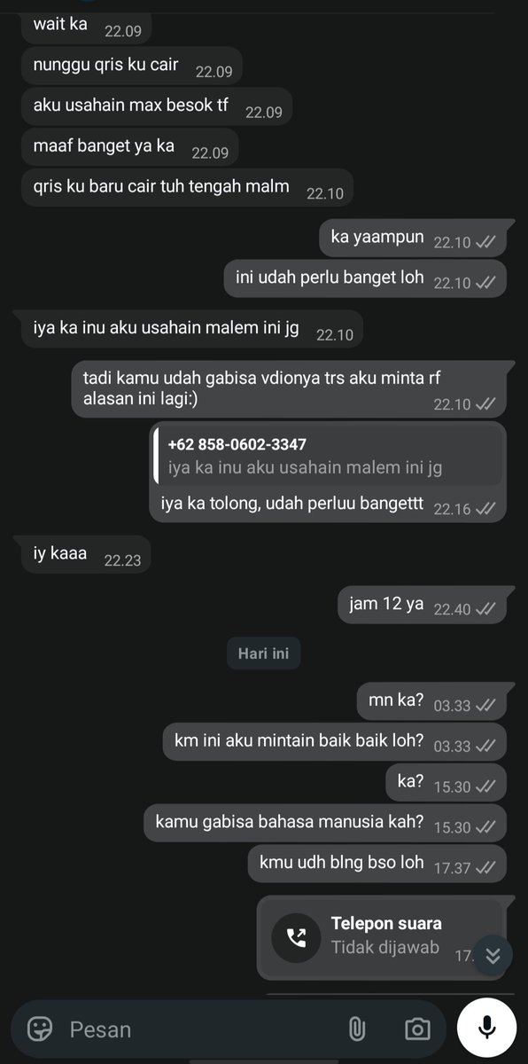 sukayggemes's tweet photo. HELP RT‼️ JASA EDIT VIDEO SCAM‼️

Udah bayar di awal, tapi video nggak dikirim sampai deadline. Udah ditunggu dan dihubungi berkali-kali,tapi akhirnya aku malah diblokir dan uang nggak dikembalikan.Bukti chat aku lampirkan. 
@cookie___e  nih nih dia tiati bub https://t.co/tFkQFjwlie