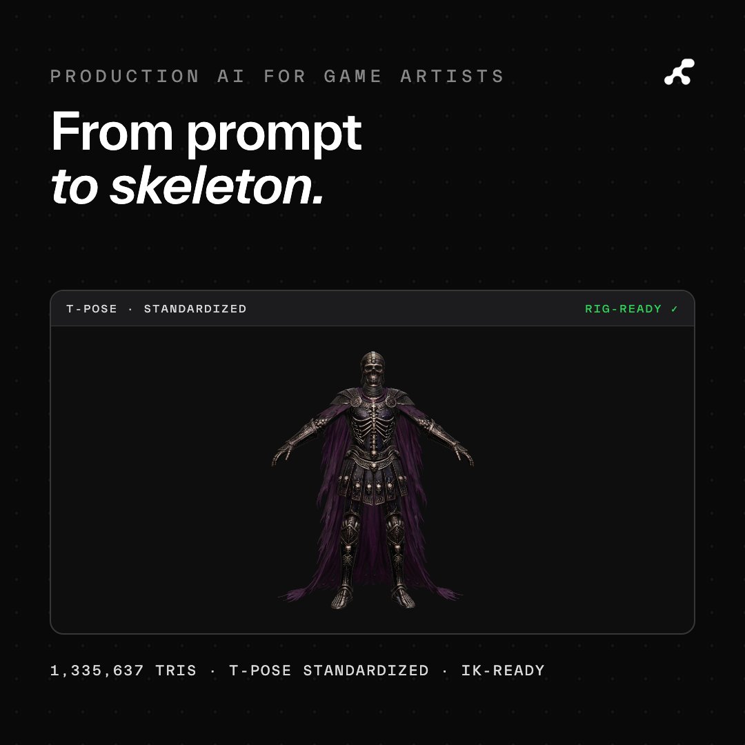 Atlas3DAI's tweet photo. A prompt goes in. A skeleton comes out, IK-ready.

Most text-to-3D stops at a static mesh. Atlas keeps going: standardized T-pose, rig, weights, so the character is animatable the day it is generated.

Try Atlas today