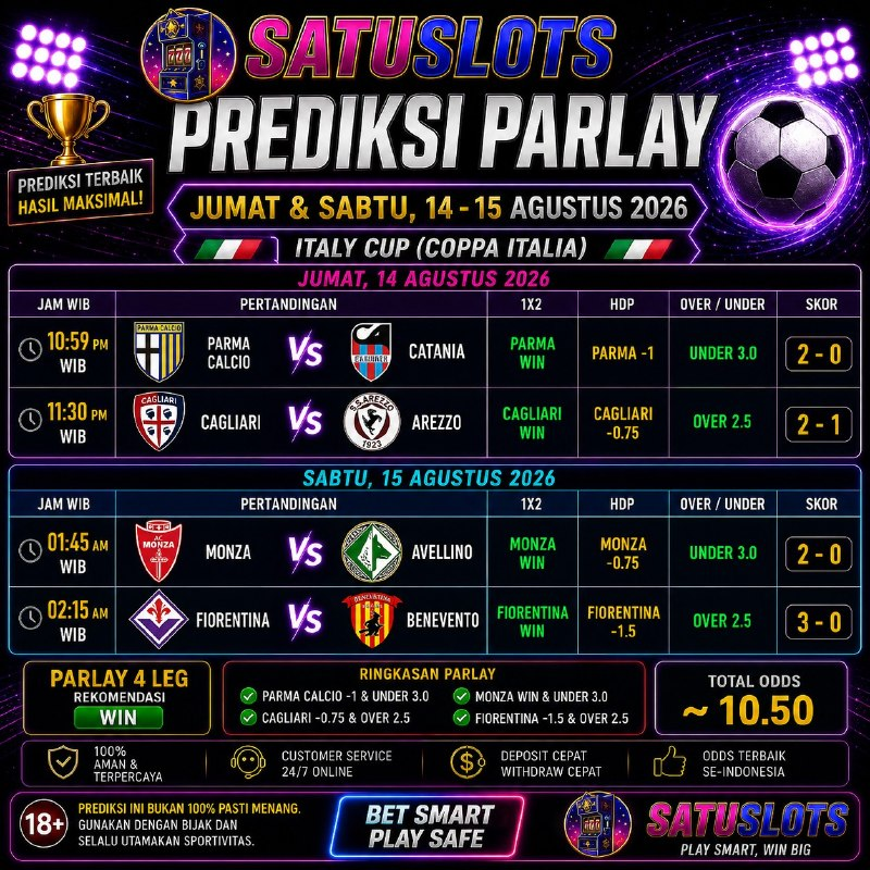 Prediksiparlya's tweet photo. 🔥 PREDIKSI PARLAY SATUSLOTS 🔥
📅14 -15 Agustus 2026

Siap cuan hari ini? Saatnya manfaatkan peluang terbaik bersama #SATUSLOTS! 💰⚽️

🚀 DAFTAR SEKARANG:
https://t.co/avLy8KT6qA

#SATUSLOTS #ParlayHariIni #SlotGacor #PrediksiBola #CuanHari https://t.co/nLVpQnp2ee