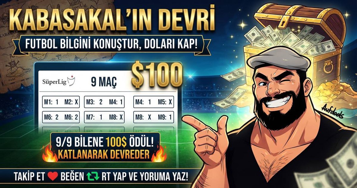 kabasakalsahada's tweet photo. Süper Lig'in 9 maçını doğru tahmin et, 9/9 yap → 100$ kazan! 💵

• Bu hafta kazanan çıkmazsa ödül 200$'a devrediyor!

• Maximum kazanç 300 $

•Tahminlerini cuma günü 20.00'ye kadar gönder.

Ücretsiz katılım!

1️⃣ Takip et 
2️⃣ Paylaşımı beğen 
3️⃣ 9 tahminini yorumlara bırak https://t.co/rvLUThU9Dv