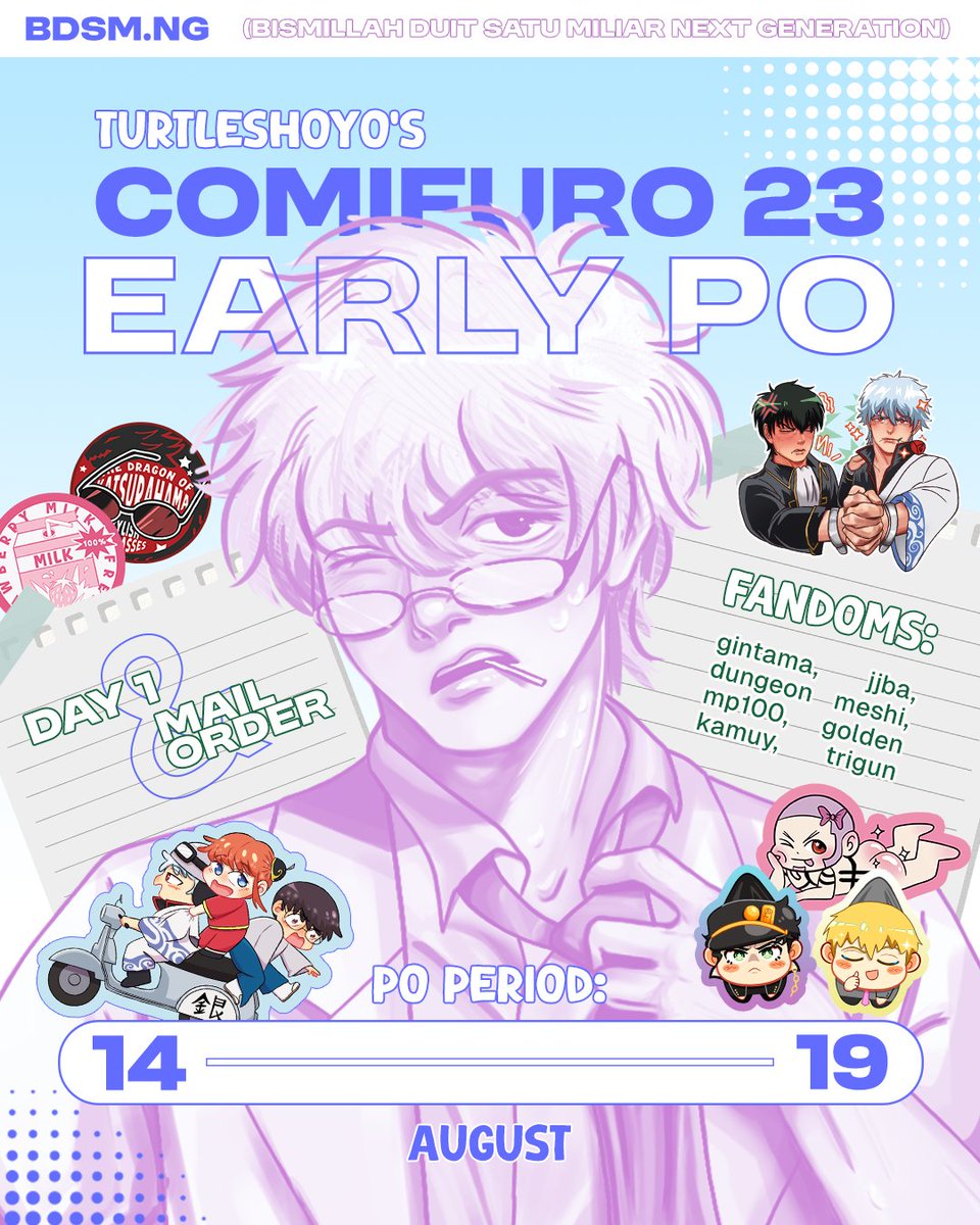 didingbodingg's tweet photo. [❤&amp;🔁 are appreciated!]

#CF23 EARLY PO TURTLESHOYO 📬.・゜゜・

📅:  14-19 AUGUST 2026
🔗: https://t.co/Dq2oxZqOvH
📬: Pick up Day 1 &amp; Mail order
💘: Gintama, JJBA, Dungeon Meshi, Mob Psycho 100, Golden Kamuy, Trigun

More merch lineup on the next batch! https://t.co/27vvbbtI3d