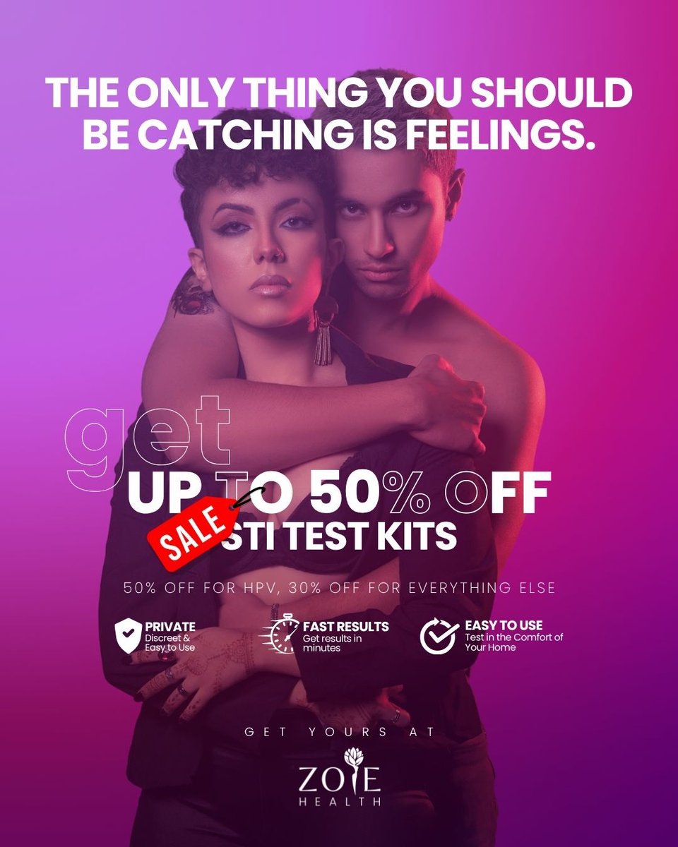 zoiehealth's tweet photo. Catch feelings, not STIs. 😉💜

Get up to 50% OFF Zoie Health STI Test Kits:
🩷 50% OFF HPV
🩷 30% OFF everything else

Private. Easy. Fast. From the comfort of home.
Your health check can be as simple as that.

#zoiehealth #stiawareness #stitesting #southafrica #wellness https://t.co/DV4PdE87aH
