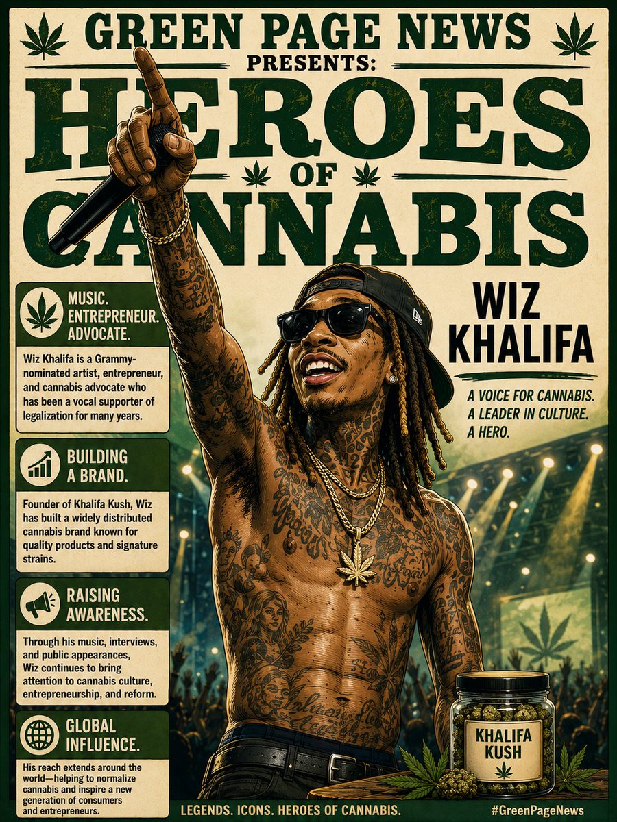 GreenPageNews's tweet photo. Music. Business. Cannabis.

Through his career and the Khalifa Kush brand, @wizkhalifa has remained one of the most visible public advocates for cannabis culture.

"Hold up. We Dem Boyz!"

#GreenPageNews #Cannabis #Marijuana #HipHop #Rap #Music https://t.co/gB3VjskmQR